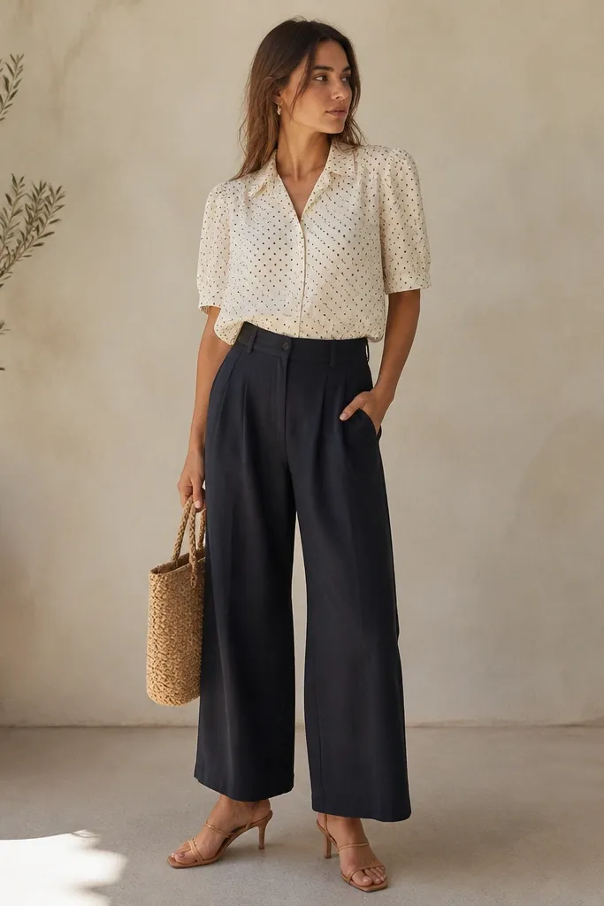 Black linen pants with a cream blouse featuring tiny navy dot print. The blouse has a small collar and slightly puffed sleeves. The model wears tan strappy sandals with a thin heel and carries a woven bag.