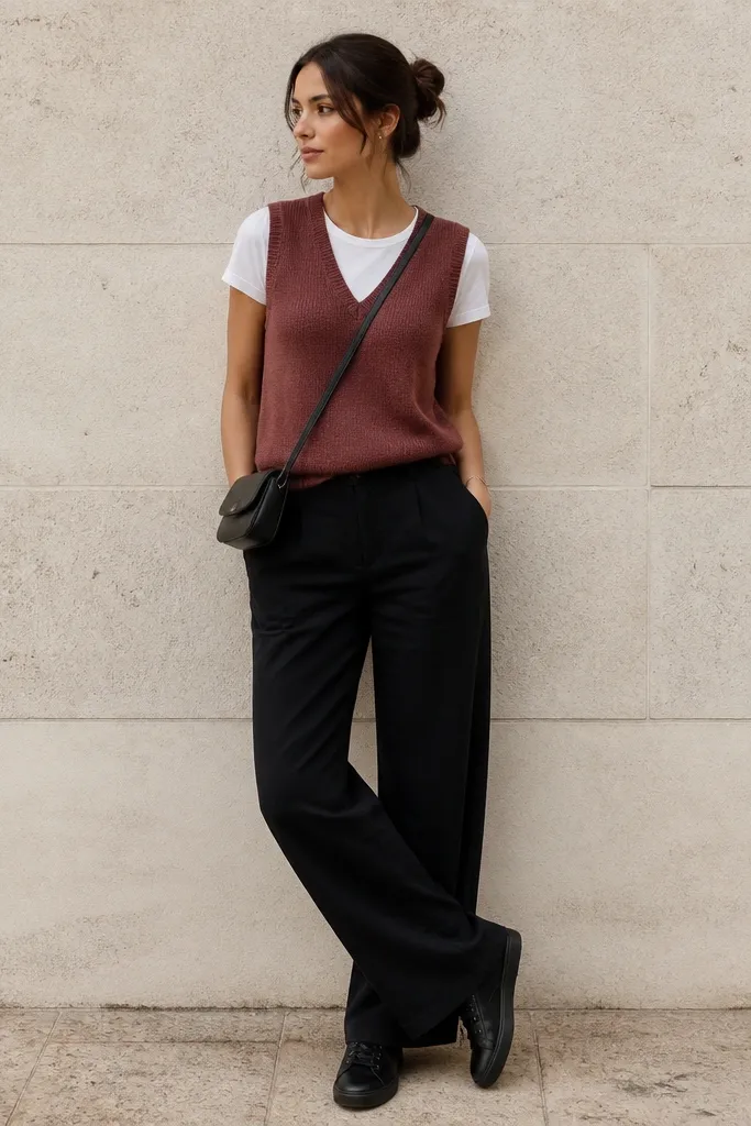 Black linen pants paired with a rosewood knit sweater vest over a white fitted tee. The vest is sleeveless with a V-neck. The model wears black leather sneakers and a small crossbody bag.