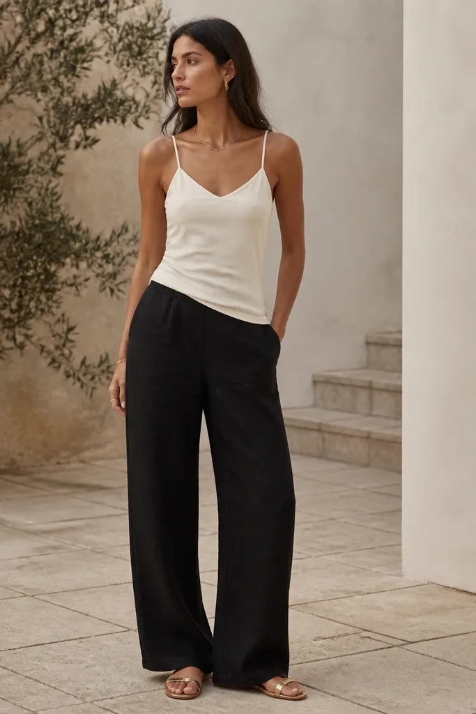 Black linen pants paired with an off-white camisole with thin straps. The camisole has a smooth finish and sits close to the body without clinging. The model wears gold flat sandals and a thin gold chain necklace.