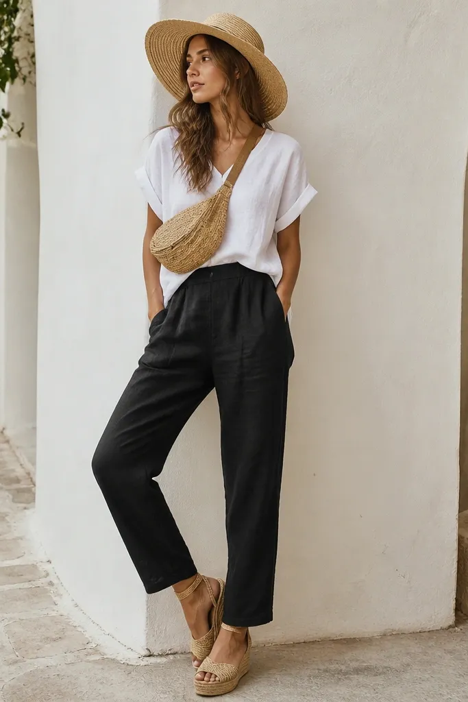 Black linen pants styled with a white linen t-shirt tucked at the front. Sleeves are rolled to mid-bicep. The model wears espadrille wedges and a straw hat. A woven belt bag sits across the body.