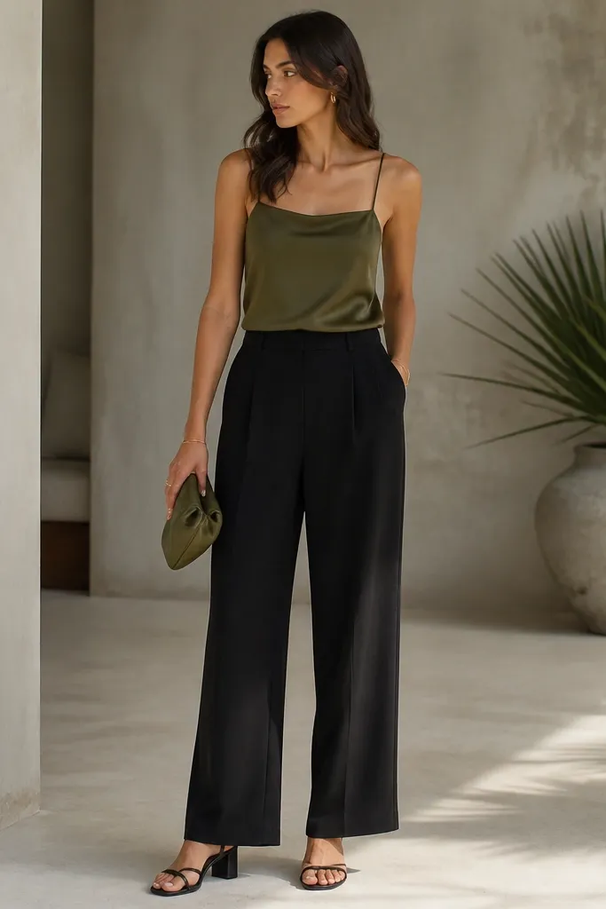 Black linen pants styled with an olive camisole that has a subtle silk-like sheen. The camisole has a straight neckline and adjustable straps. The model wears strappy block heels in black and carries a small olive clutch.