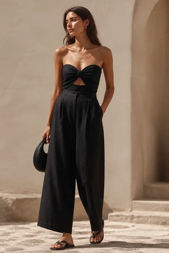 Luxe high end black linen pants outfit for vacation