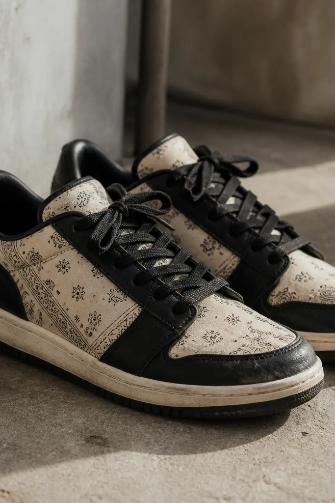A pair of sneakers with a cream bandana-style print across the upper, black leather panels around the toe and sides, black laces, and a low-profile sole that looks slightly worn.
