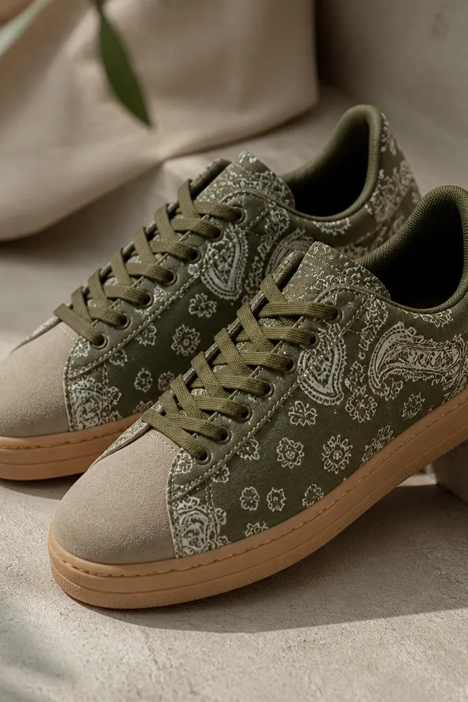 Sneakers showing an olive green bandana print on the upper, a sand suede toe cap, olive laces, and a gum-toned outsole.