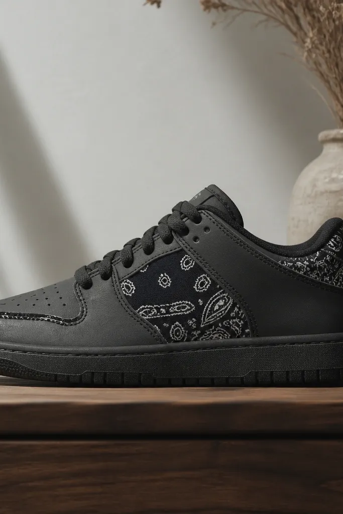 A dark sneaker with charcoal leather panels, black bandana-style print overlays, black laces, and a dark sole with a subtle texture.
