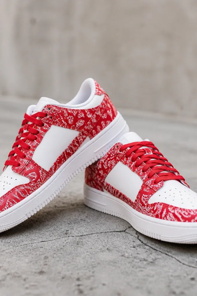 Sneakers with a white base, red bandana print segments on the upper, red laces, and a clean white midsole.