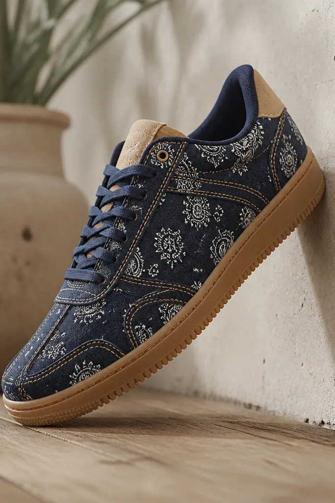 A sneaker with navy bandana print, tan stitching visible along seams, tan details near the tongue, and a gum outsole.