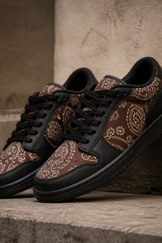 Sneakers with a brown bandana print, black overlay panels on the sides and heel, black laces, and a dark sole.