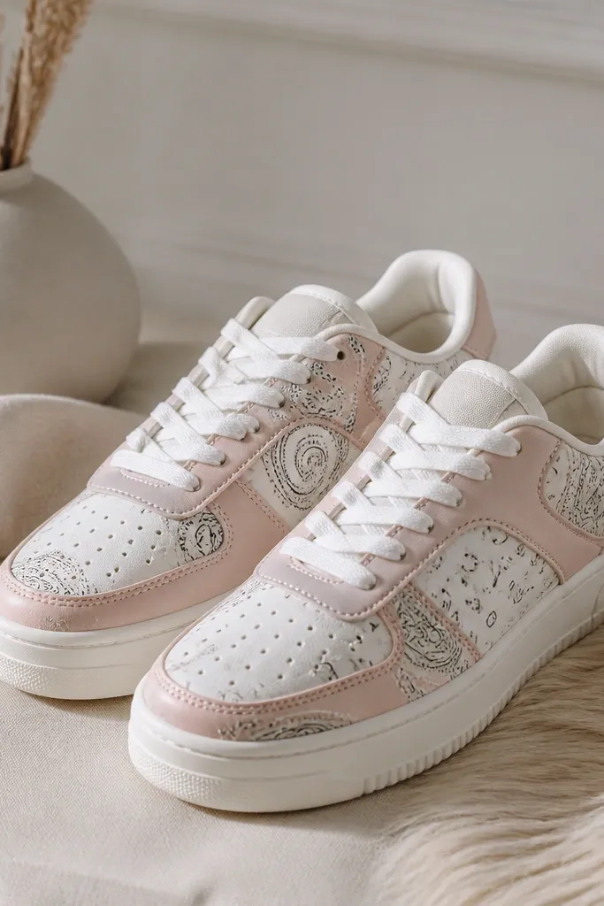 Sneakers with a white bandana print, pale pastel panel accents (light blue or blush), white laces, and a clean light sole.