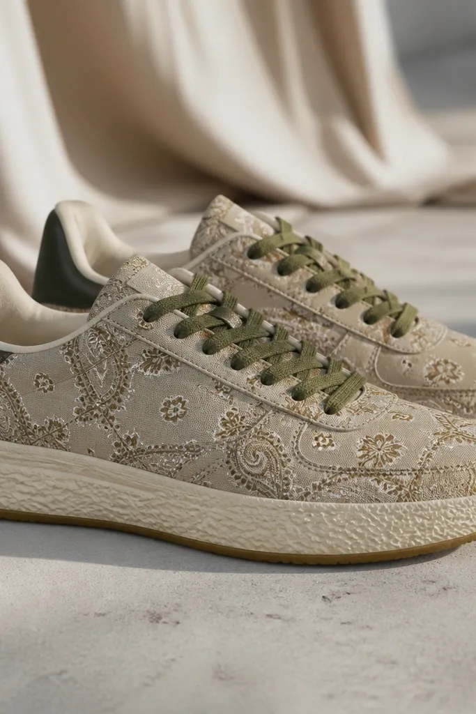 Sneakers with khaki bandana print across the upper, dark green heel tab panel, olive-toned laces, and a textured midsole.