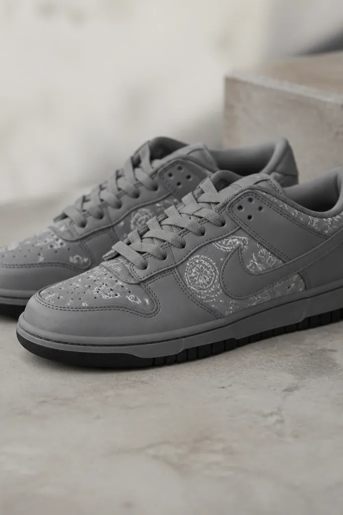 Sneakers in monochrome gray: gray bandana print, gray overlays, black outsole, and gray laces.