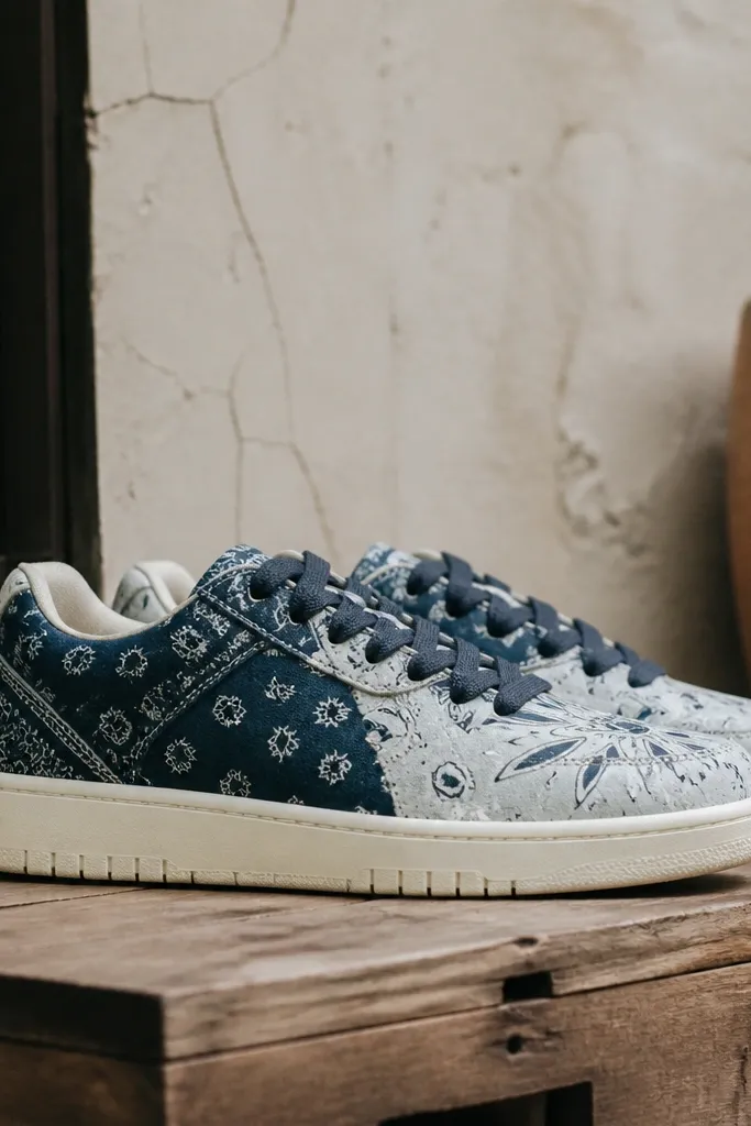 Sneakers with a two-tone bandana print (light and darker sections), a cream midsole, and laces that match the darker bandana tone.