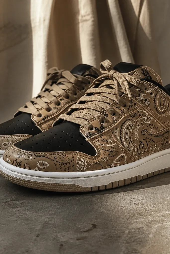 Sneakers featuring a tan bandana print, a black toe cap, visible clean stitching lines in tan and black, and tan laces.