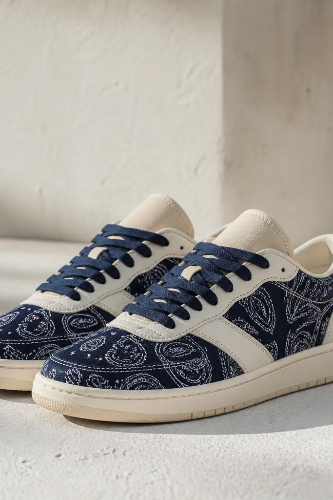 Sneakers with navy bandana print, a cream tongue area, cream lace overlay details, and navy laces; sole is off-white.