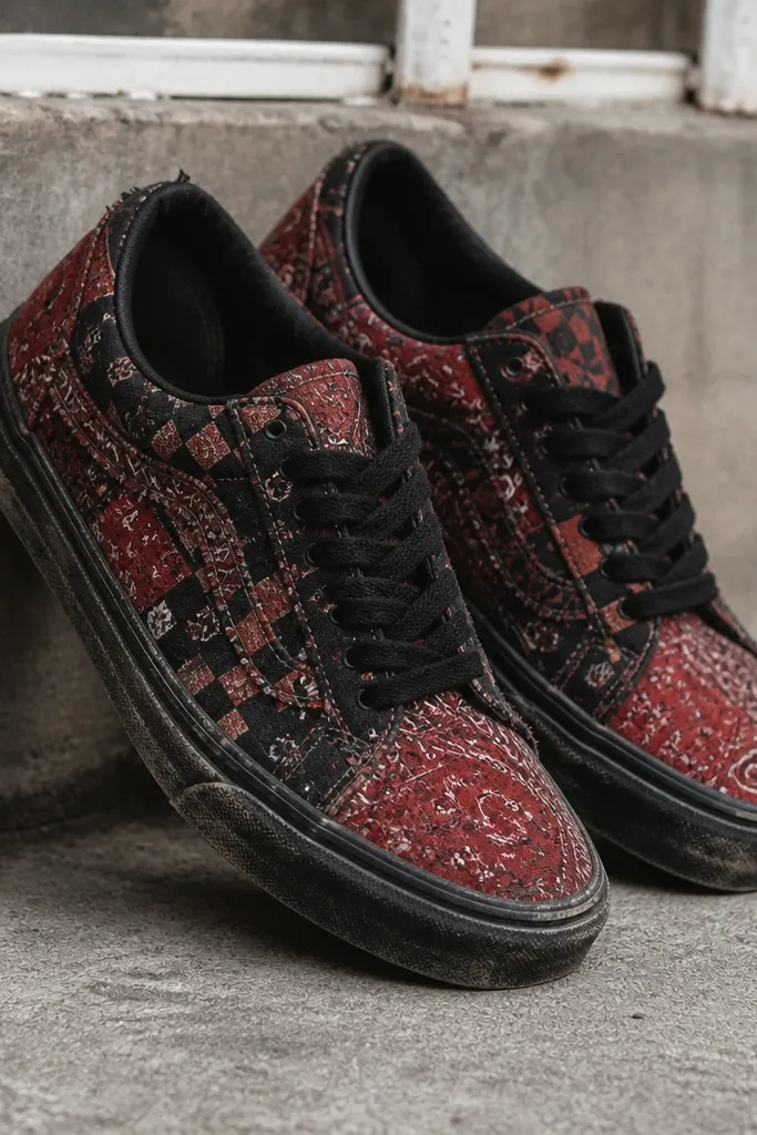 Sneakers with a red and black bandana-style pattern mixing checker-like sections, black laces, and a dark sole; worn edges visible.