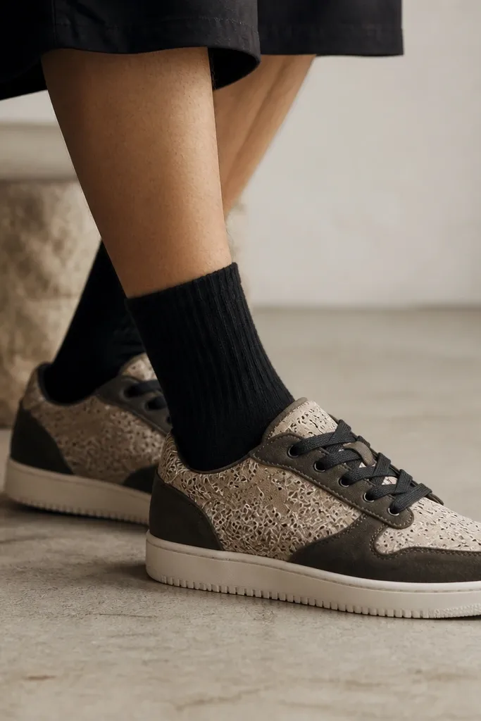 Sneakers with a sand-colored bandana print, darker panels, black laces, and a minimal look; socks are black and slightly ribbed.