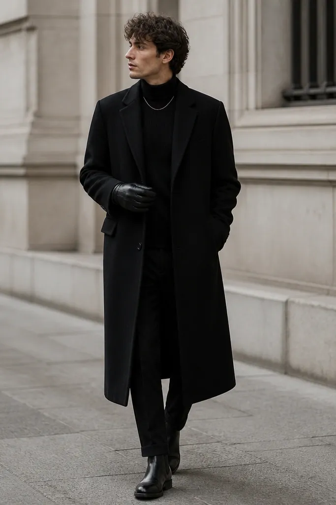 A person in a matte black ribbed turtleneck and a long, straight-cut wool overcoat. They wear slim black leather gloves and black Chelsea boots, with a minimal chain necklace peeking at the collar.