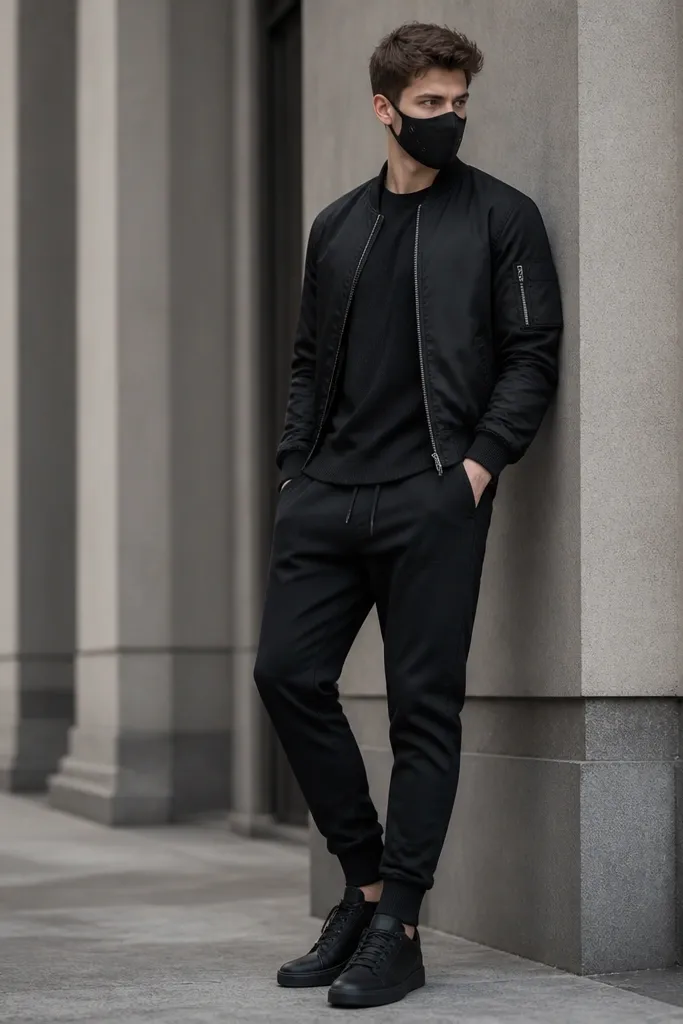 A black bomber jacket worn over a ribbed black crew tee. The outfit includes a half-face black mask with faux leather trim and a small metal eyelet detail, plus black joggers and low-top sneakers.