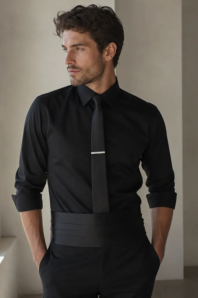 A black long-sleeve button-down with rolled sleeves, a satin black cummerbund around the waist, and a skinny black tie. The person wears black trousers and a silver-toned tie bar.