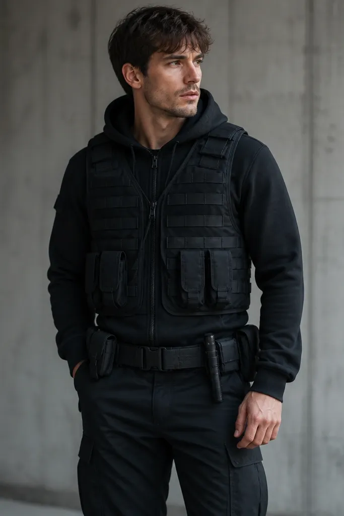 A black zip hoodie underneath a black tactical-style vest. A simple utility belt wraps at the waist with small pouches and a flashlight-shaped prop, paired with black cargo pants.
