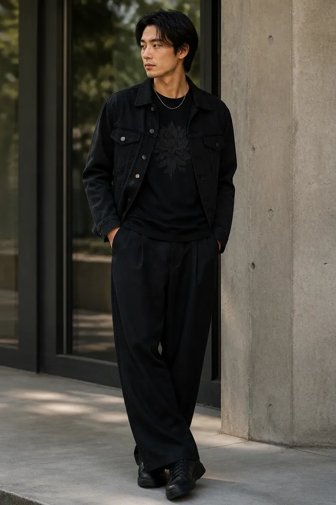 A black denim jacket over a black tee with a matte black-on-black graphic. The person wears wide-leg black trousers and black sneakers, with a simple chain necklace.