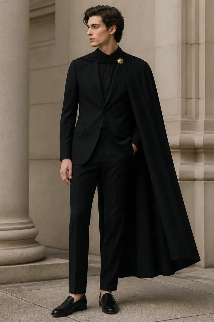 A black suit jacket worn with a black cape draped over one shoulder, secured by a small round cape pin. The trousers are straight-leg and the person wears black loafers.
