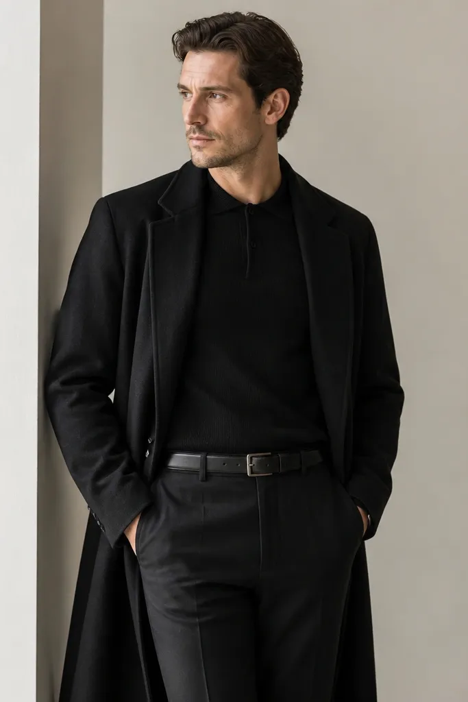 A black knit polo with a close collar and short placket. A long black overcoat with hidden buttons is worn open, and a matte leather belt sits at the waist.