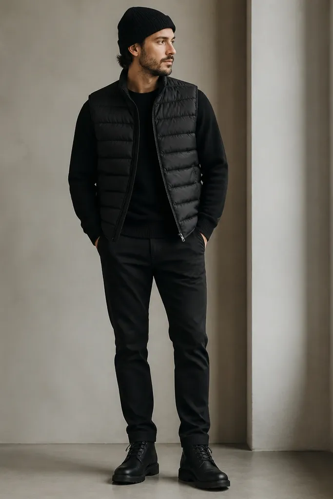 A black crew sweater layered under a black quilted puffer-style vest. The person wears black high-top boots and a simple black beanie.