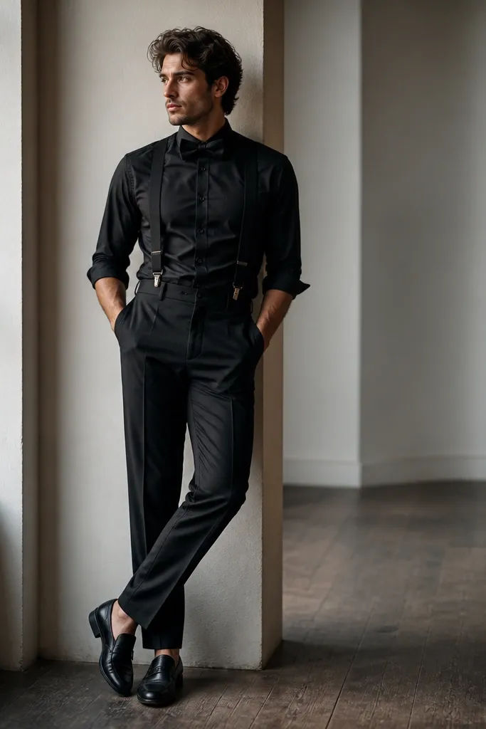 A black button-up shirt with a clean collar and rolled sleeves. Black suspenders hold the trousers up, and a black bow tie sits centered, paired with black loafers.