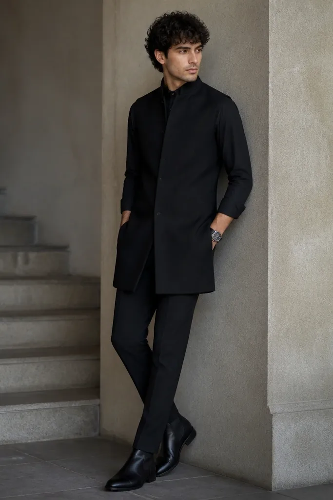 A fitted black shirt under a long black vest worn closed. Tapered black pants and black boots complete the look, with a small watch visible on the wrist.