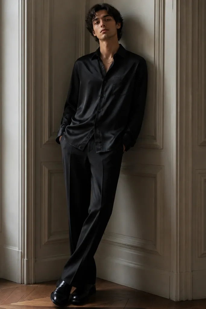 A black satin button-up with subtle sheen worn untucked over matte black trousers. A short chain necklace sits above the collar, and the person wears black dress shoes.