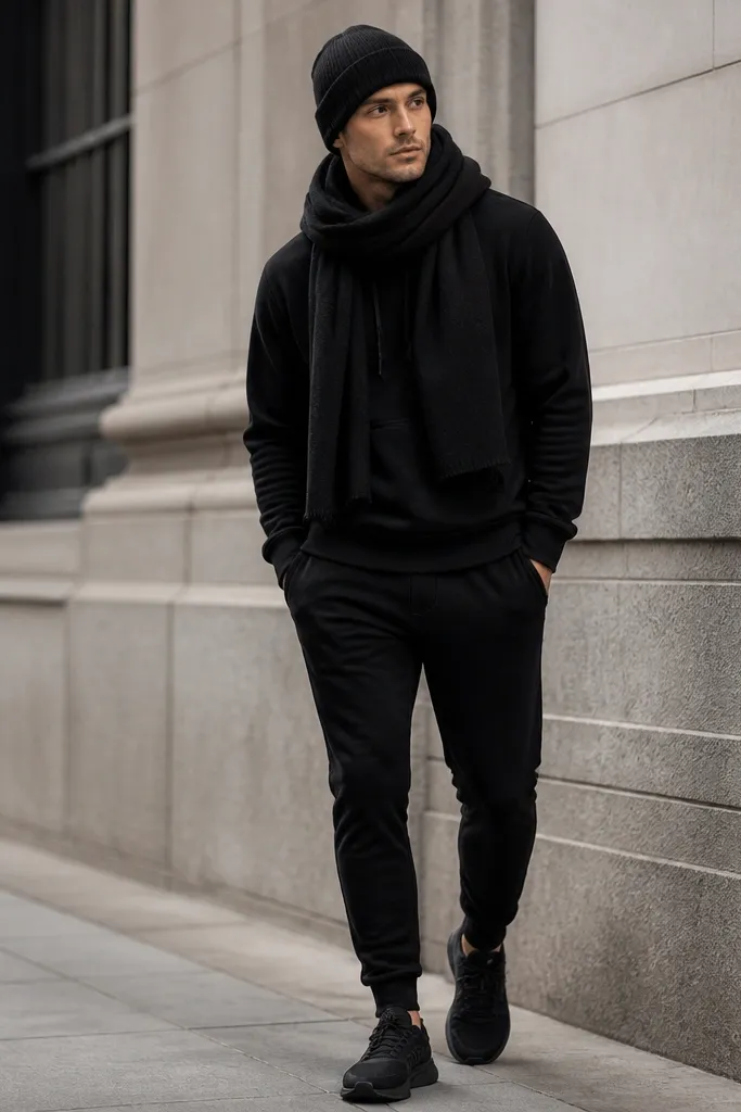 A black hoodie with the hood down, a long black scarf wrapped in a loop around the neck, and a black beanie. The person wears black joggers and black sneakers.