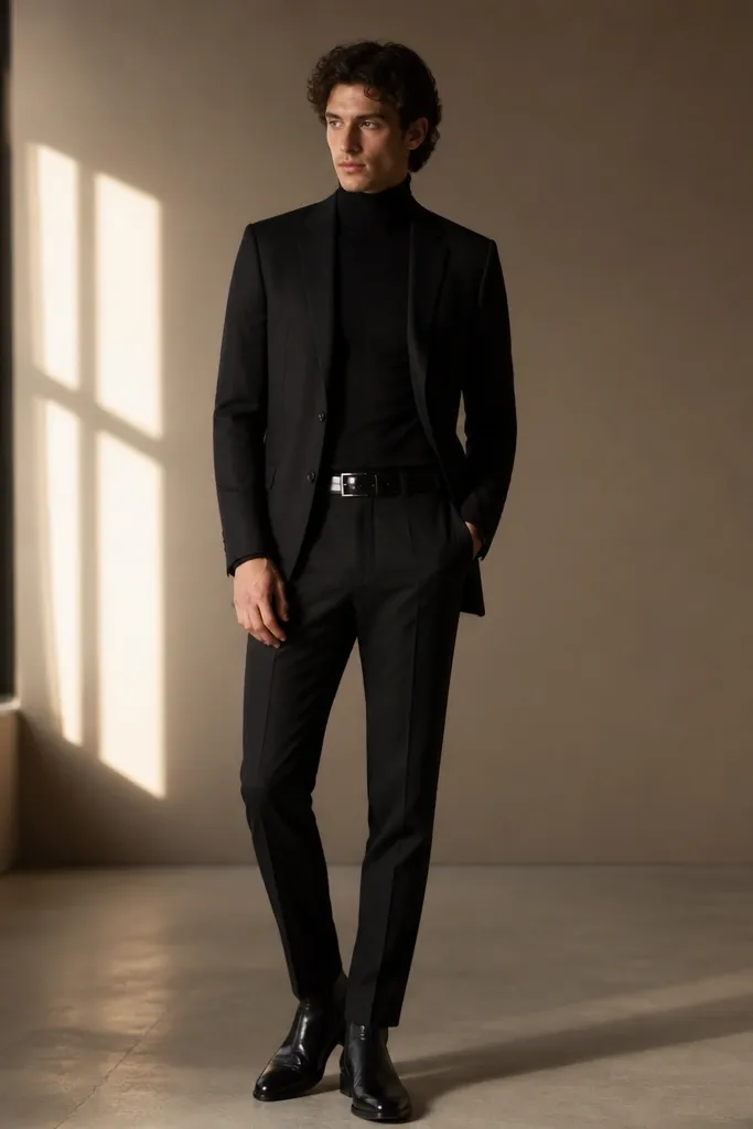 A black suit jacket over a black turtleneck. A patent leather black belt catches flash, and the person wears black dress shoes with a slight shine.