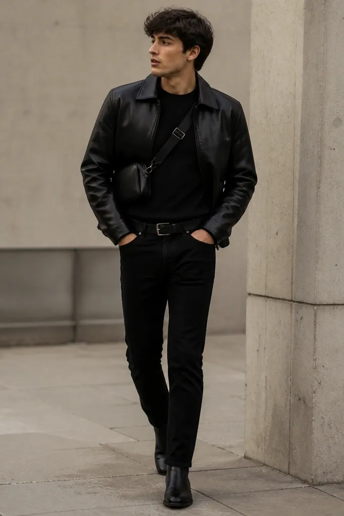 A black leather jacket over a ribbed black shirt. A small crossbody bag sits across the chest with a matte strap, and the person wears black slim jeans and black boots.