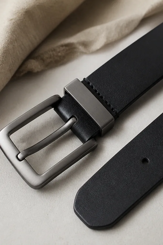 A matte black leather belt laid flat, showing a brushed metal buckle in gunmetal gray with no mirror shine; the leather has a tight grain and a clean edge finish.