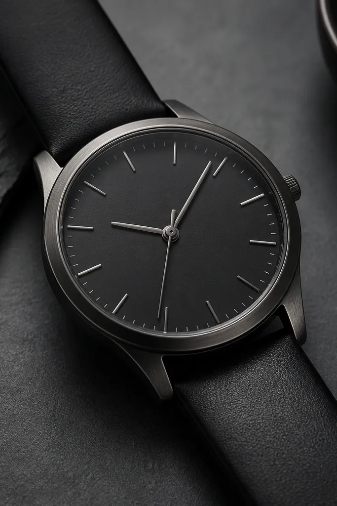 A men's wristwatch on a dark surface: matte black leather strap, brushed metal case in charcoal, minimalist dial with small markers and a clean second hand.