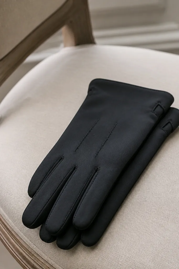 A pair of black gloves folded on a chair: satin-matte finish with a smooth back and small visible stitching lines along the fingers and wrist.