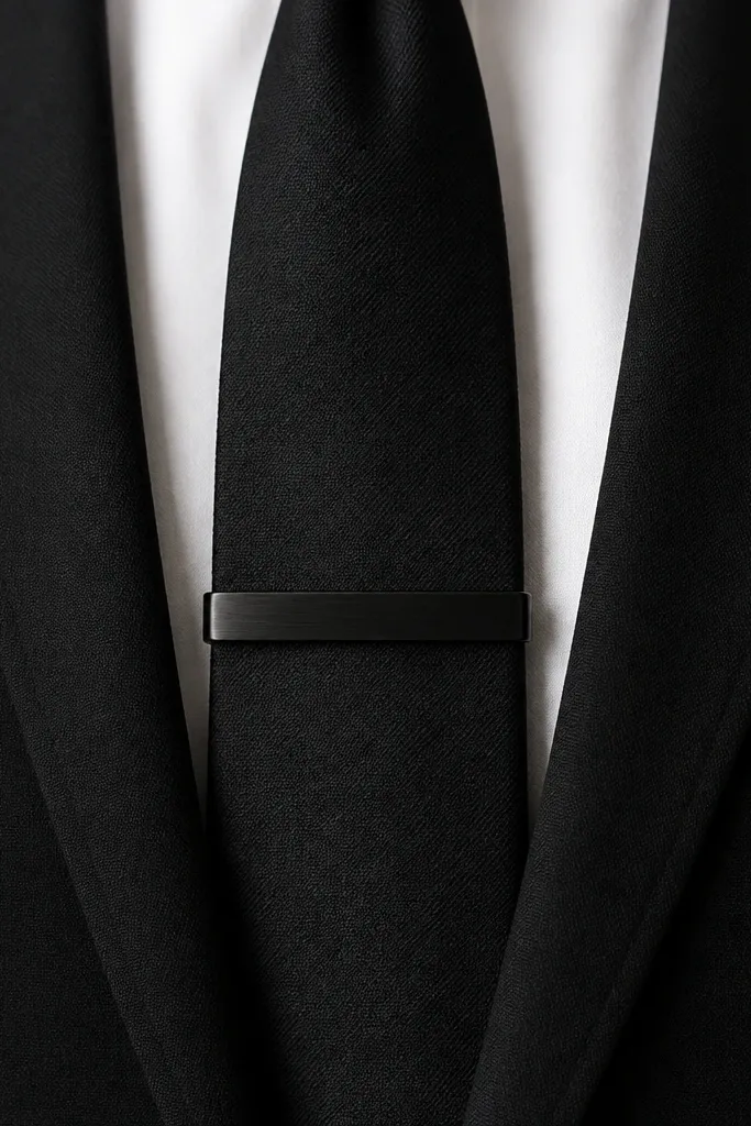 A slim black tie clip centered on a black tie: brushed metal clip, tie fabric is matte with a fine weave, clip holds the tie at mid-chest.