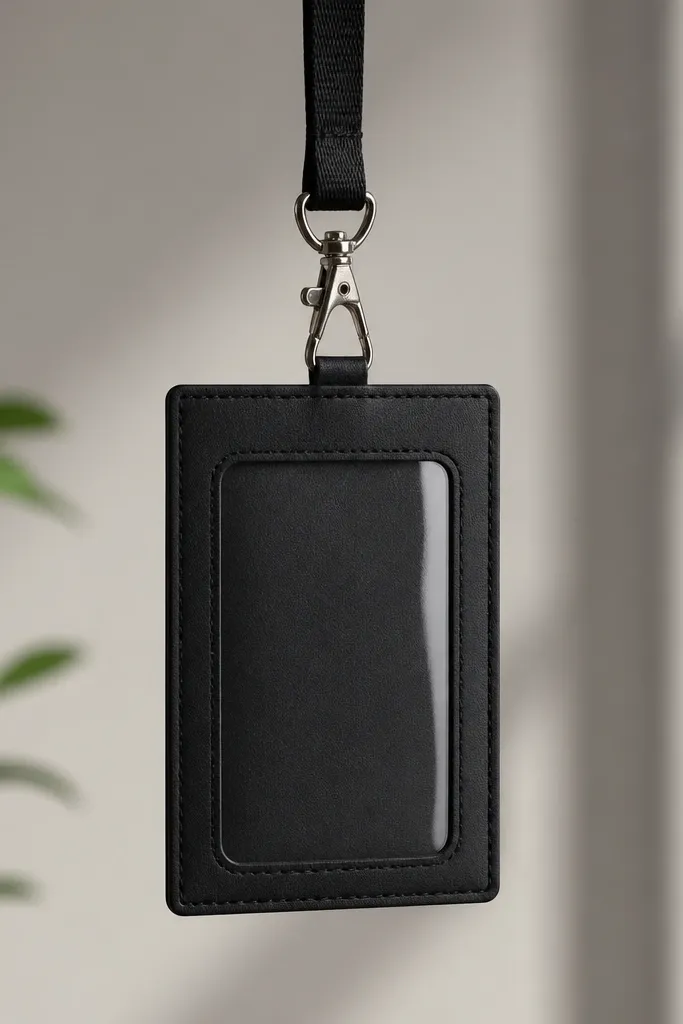 A black vertical ID card holder hanging from a short black lanyard; the holder is matte, with a clear window and a small metal clip at the top.