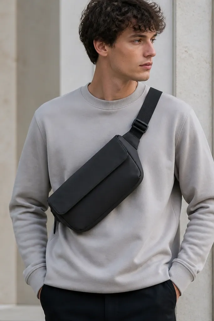 A matte black crossbody bag with a smooth finish, visible seam lines, and a zipper that sits under a fabric flap; the strap is adjustable and sits high on the chest.