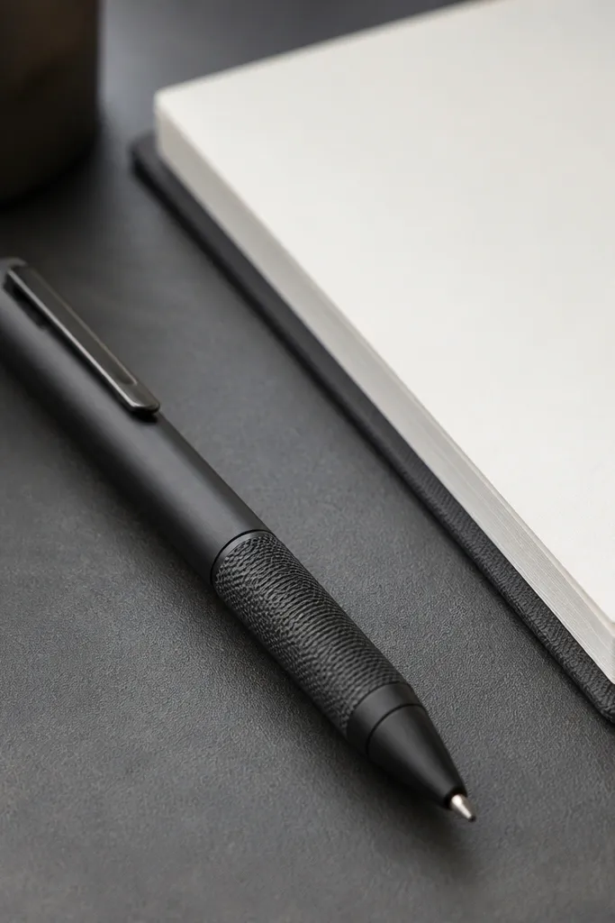 A matte black pen with a metal clip and knurled grip, lying next to a notepad; the pen has no bright branding and looks solid.
