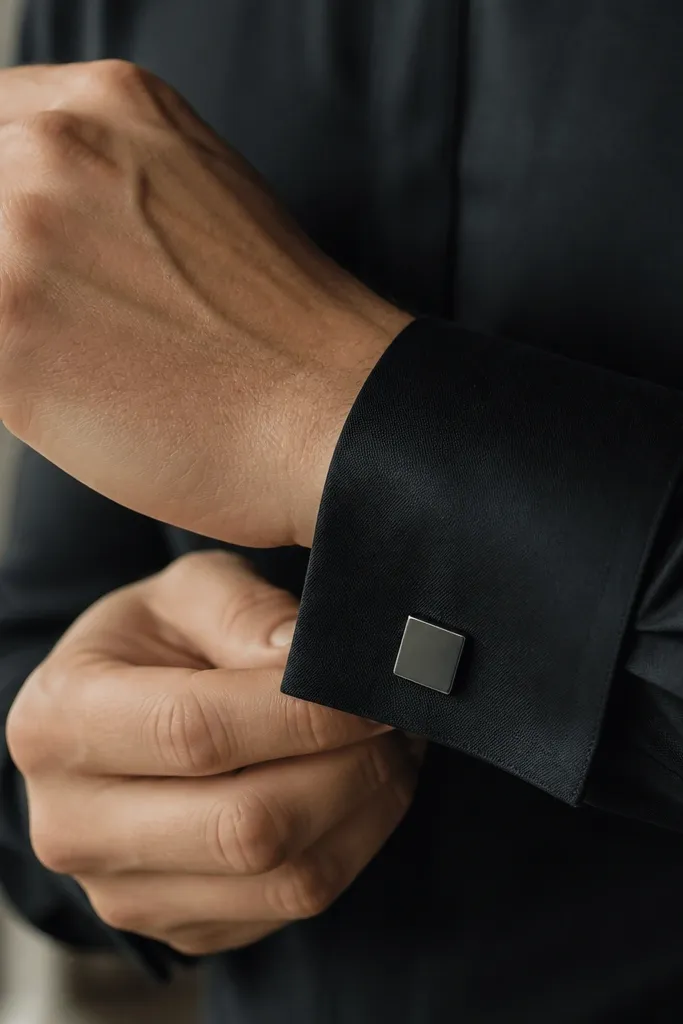 Black dress shirt cuffs with gunmetal cufflinks; each cufflink has a matte face and a simple round or square shape with a clean backing mechanism.