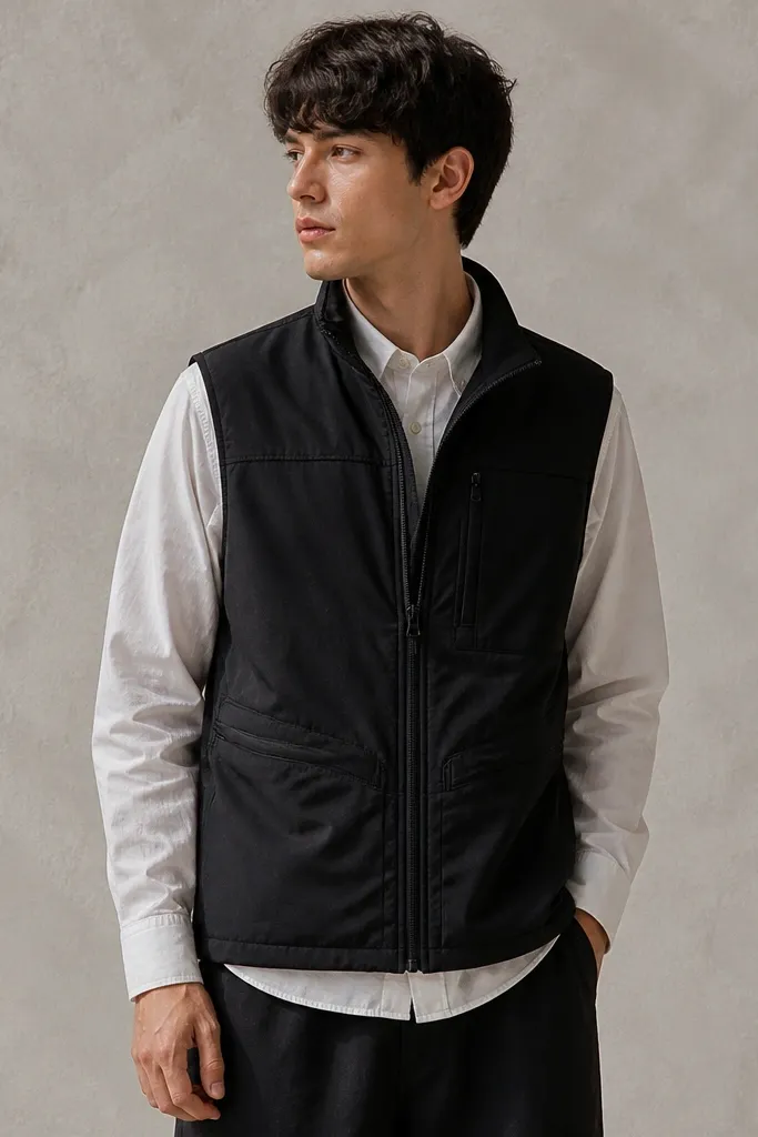 A black utility vest worn over a shirt; it has a matte fabric, minimal branding, and multiple zippered pockets with clean seams.
