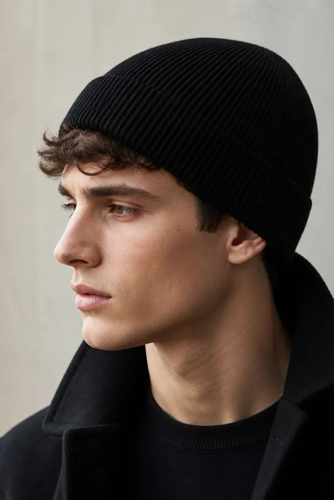 A black knit beanie with tight ribbing, matte texture, and no visible logo; it fits snugly around the head with a smooth edge.