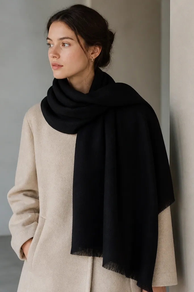 A black wool-blend scarf draped over a shoulder; the fabric looks soft and matte, with clean frayed ends or neatly finished hem, no sheen.