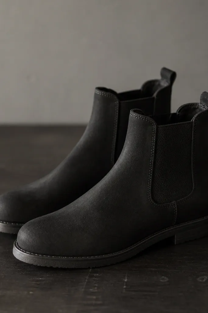 Black Chelsea boots standing on a dark floor; elastic side panels, matte leather or suede finish, no visible logos, and a simple rubber sole.