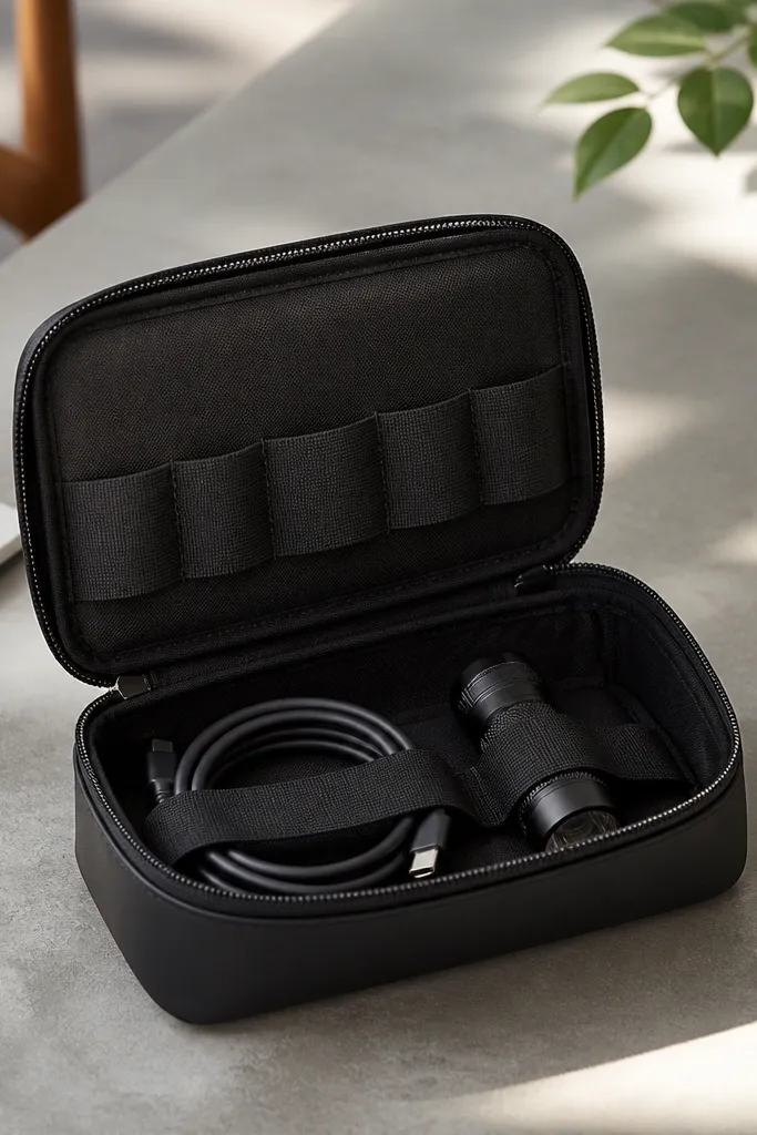 A matte black tech pouch with a zipper, structured shape, and internal elastic loops; it sits on a table with a cable and small flashlight inside.