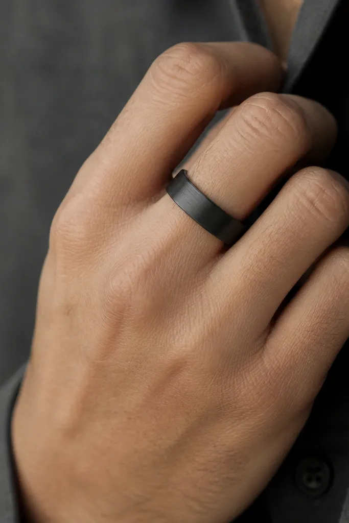 A black ring on a hand: brushed dark metal band with a simple face, matte surface, and no flashy stones.