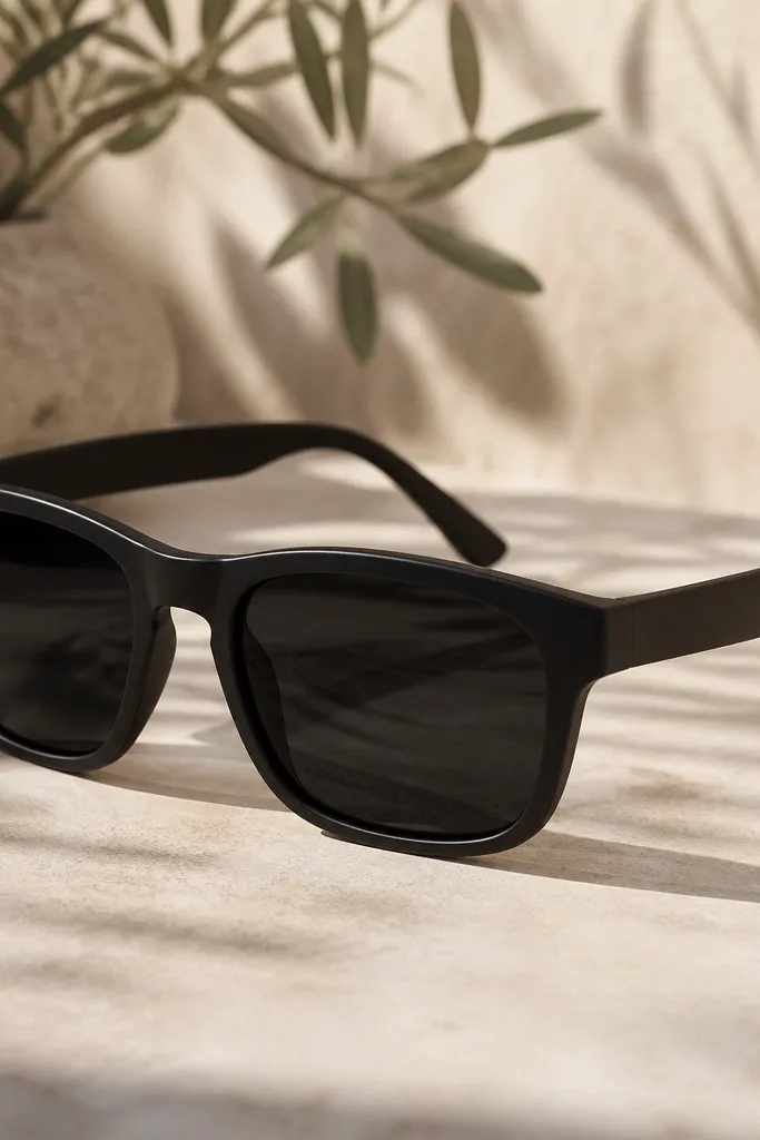 A pair of black sunglasses with a matte frame, slightly rounded rectangle shape, dark lenses, and no visible branding on the sides.
