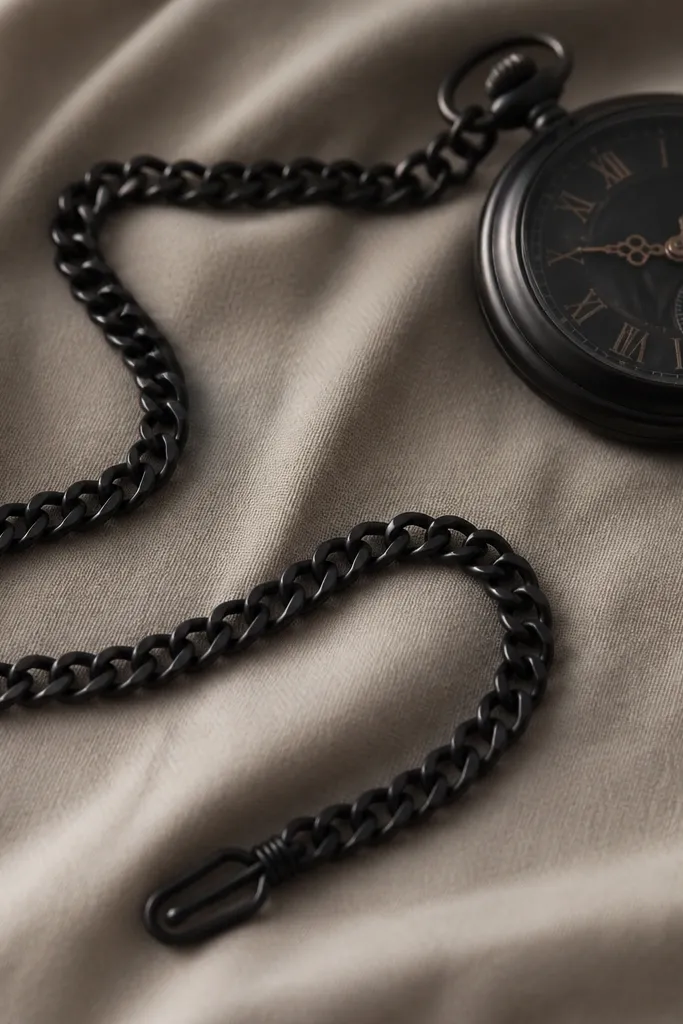 A black pocket watch chain laid on fabric: matte chain links with a simple clip, no big medallions; a small dark watch sits nearby.